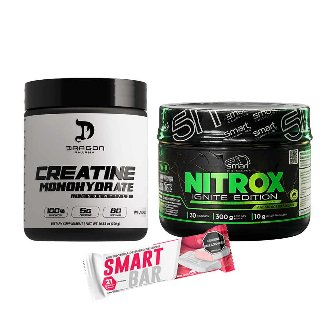 Combo Dragon Pharma Creatina Monohidratada 300GR + Smart Nutrition Nitrox Ignite 30 Servicios + Barra de Proteína Gratis