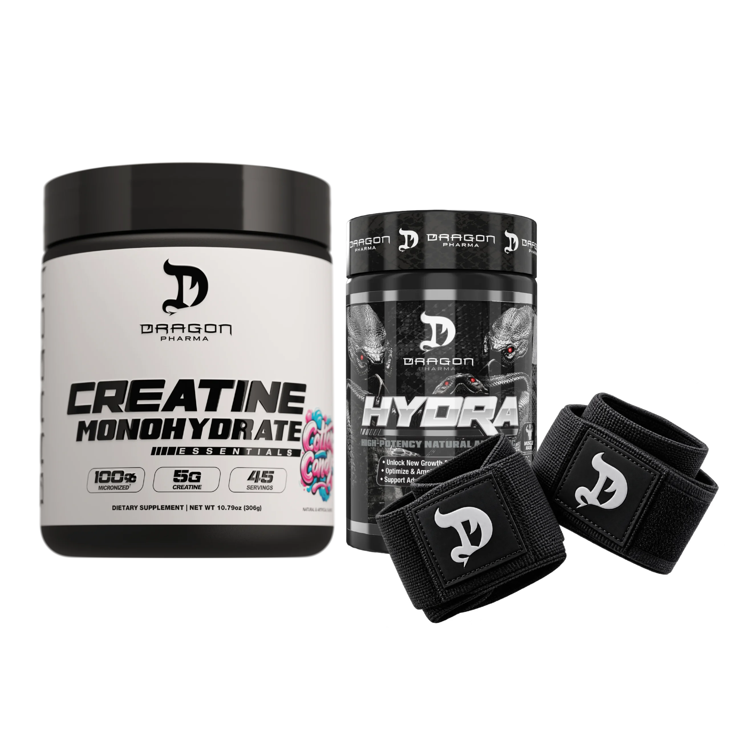 Combo Dragon Pharma Creatina con Sabor 45 Servicios + Hydra 120 Caps + Muñequeras GRATIS
