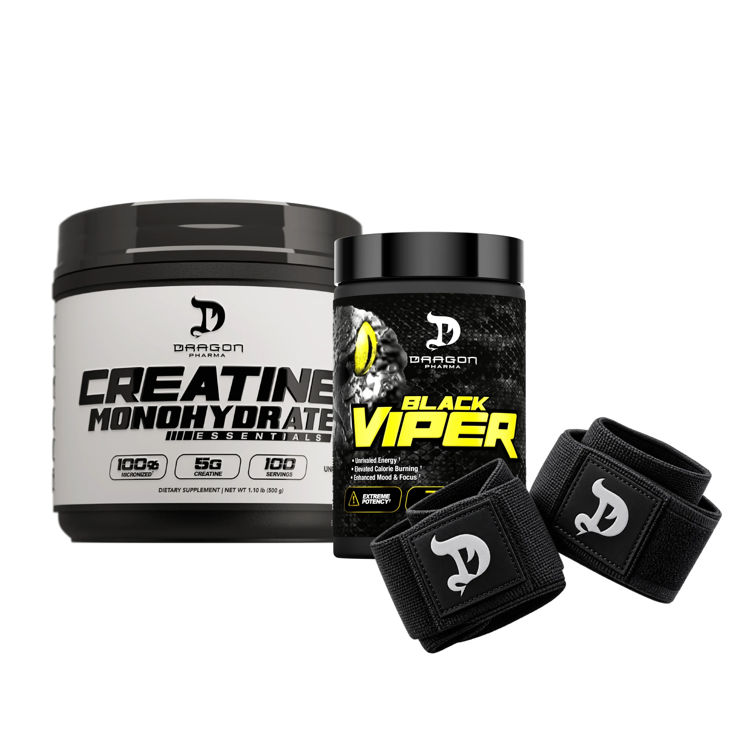 Combo Dragon Pharma Creatina 500G + Black Viper 90 Cápsulas + Muñequeras GRATIS
